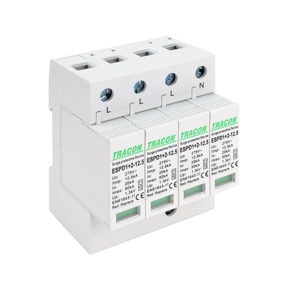 Dispozitiv de descărcare supratensiune tip AC T1+T2, cu cartuș înlocuibil ESPD1+2-12.5-4P