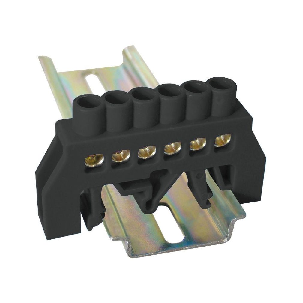 Tracon bară de împământare izolată (N/PE), neagră 230/400V, 63A, 6×9mm, 6P, IP20 NPE-BK6-6