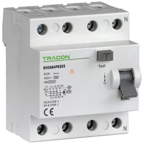   Întrerupător de protecție Tracon, 4 poli, 80 A, 30 mA, 10 kA EVOAG4P8003