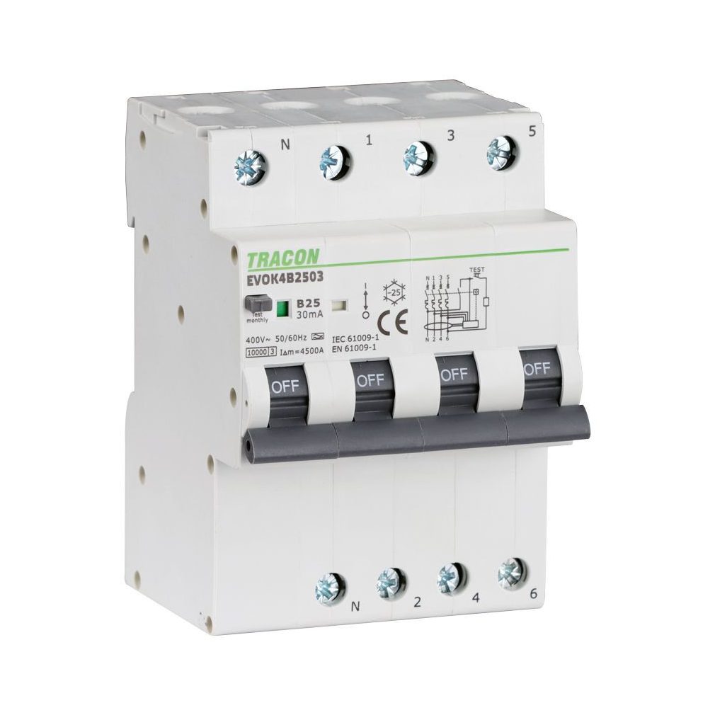 Tracon întrerupător combinat de protecție, 4P, 4 module, caracteristică B 16A, 30mA, 10kA EVOK4B1603