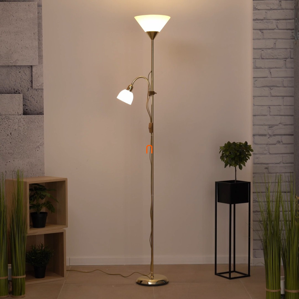 Lampa de tavan cu braț de lectură, alb-auriu, 178 cm - Action Rábalux 4060, întrerupător cu șnur, 1xE27+1xE14 soclu