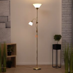   Lampă de tavan cu braț de citit, albă și aurie, 178 cm - Action Rábalux 4060, întrerupător pe cablu, 1xE27+1xE14 soclu