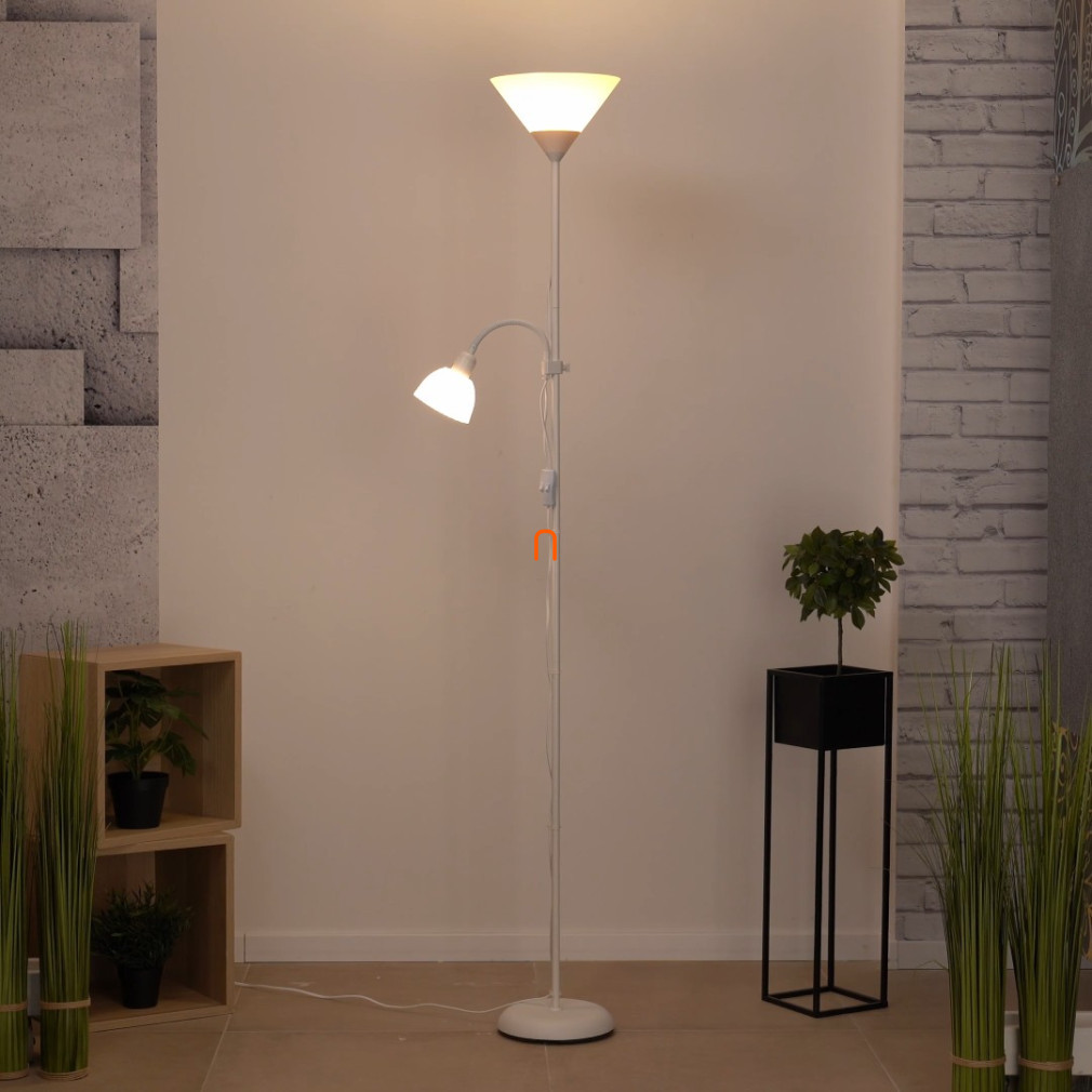 Lampa de tavan cu braț de lectură, albă, 178 cm - Action Rábalux 4061, întrerupător cu șnur, 1xE27+1xE14 soclu