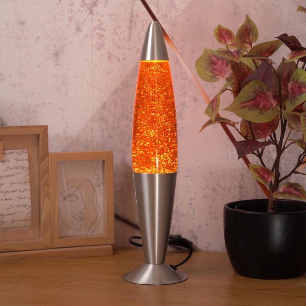 Lampa lava cu sursă de lumină, cu sclipici, 42 cm, portocaliu - Glitter Rábalux 4114, cu soclu 1xE14