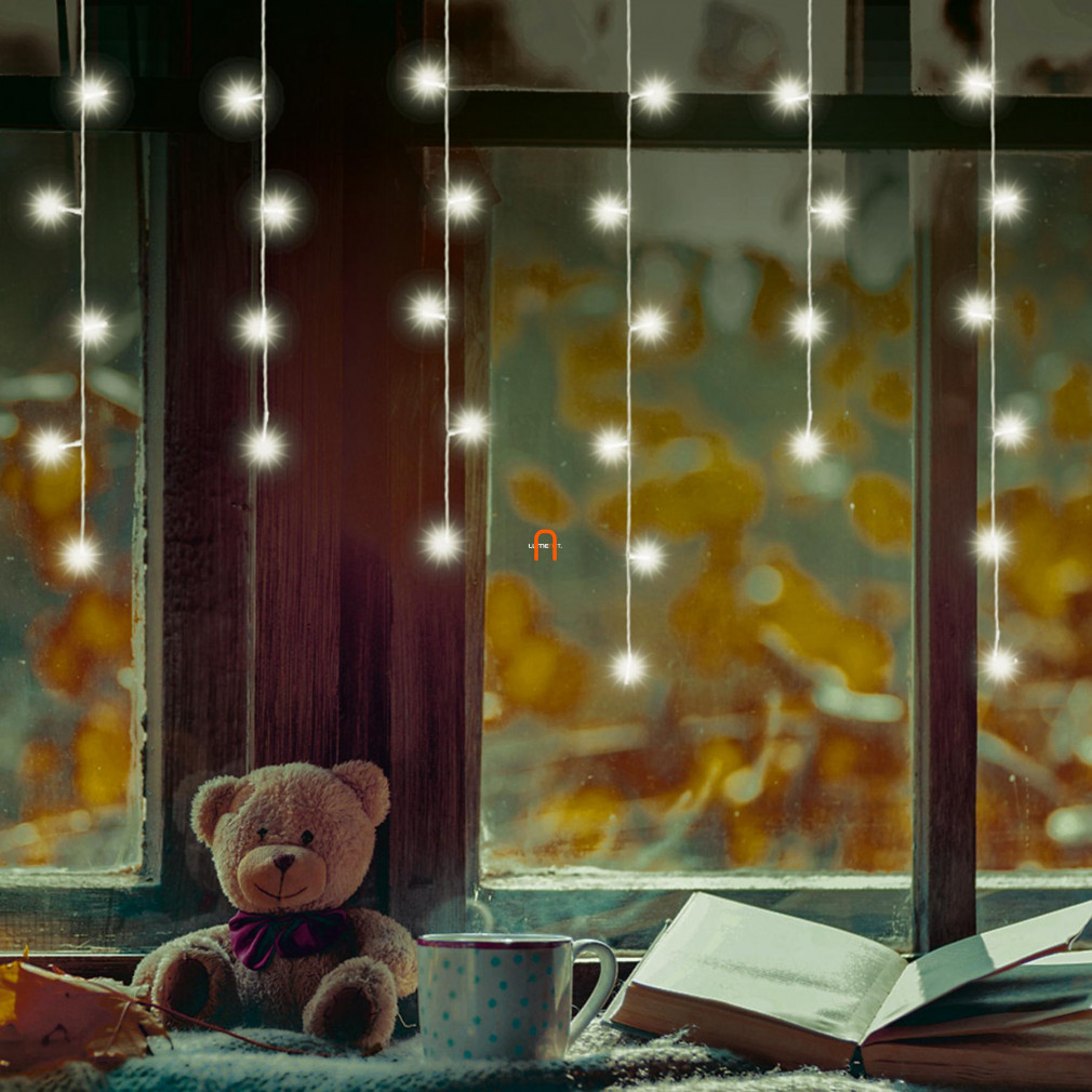 Curtaină luminoasă interioară cu gheață, lumină albă caldă, adaptor de rețea, 50 LED-uri