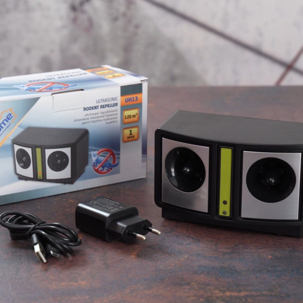 Ultrasonic repeller de rozătoare, frecvență variabilă, moduri de funcționare 24 ore sau doar pe timp de noapte, buton de testare, frecvență de alarmă în 3 trepte