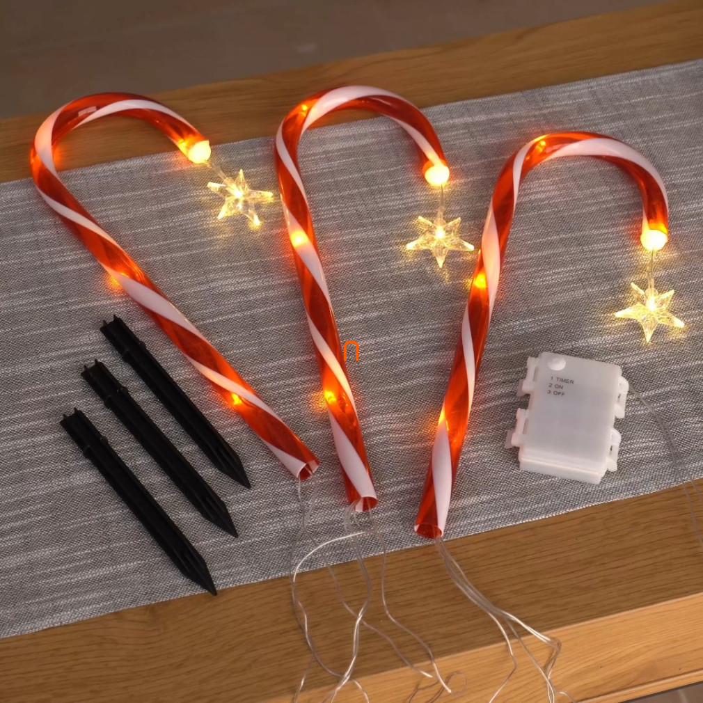 Set de bastonașe de zahăr cu iluminare LED, pentru exterior și interior, 3 bastonașe conectate între ele cu un cablu, 5 LED-uri de culoare albă caldă pe fiecare bastonaș
