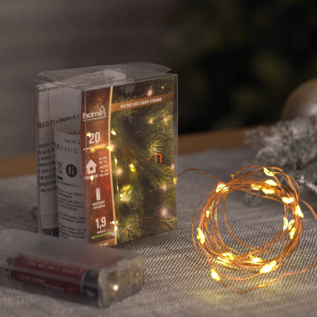 Ghirlanda luminoasă Micro LED, pentru interior, 20 micro LED-uri de culoare alb cald, lungime 1,9 m, cu baterii incluse