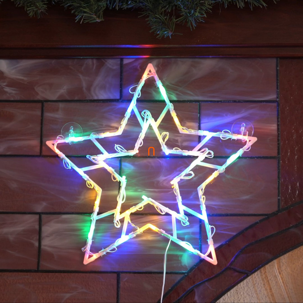 Decorație pentru fereastră în formă de stea, 35 LED-uri colorate, 2 ventuze, cablu de alimentare alb, 33 x 28 cm