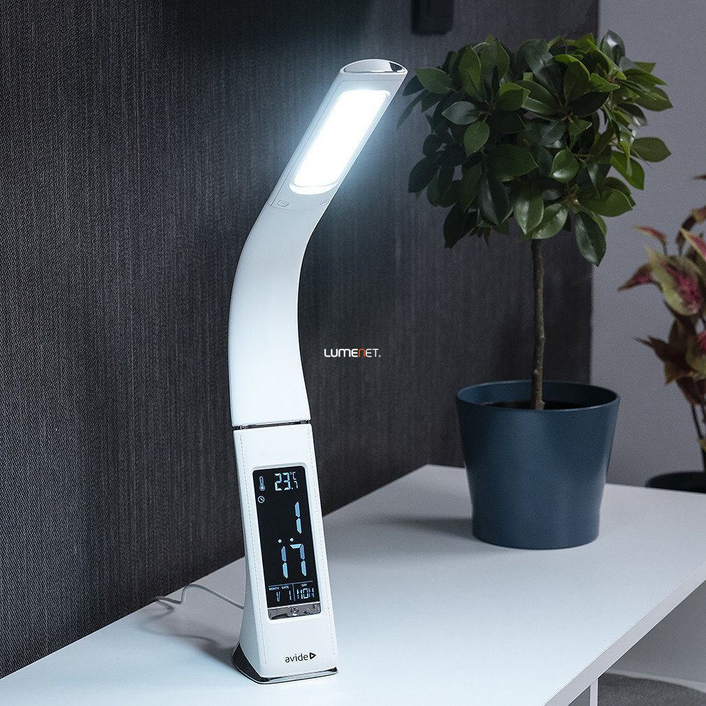 Lampa LED de birou cu afișaj pentru dată și temperatură, 50 cm - Business Avide ABLDL-BLC-6W-WH, afișaj LCD, 5000 K, 350 lm, 6 W