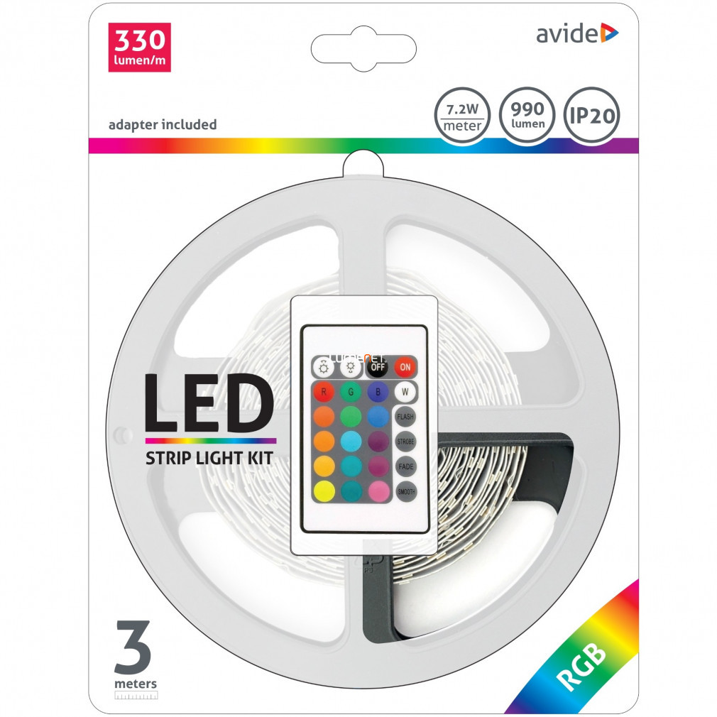 Avide set de benzi LED RGB colorate pentru interior cu telecomandă, 7,2 W/m, 990 lm, 3 metri