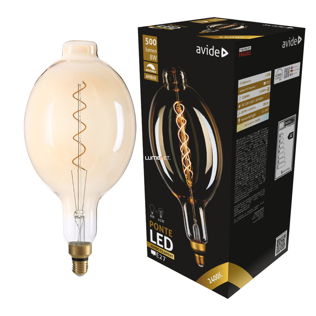 Avide Jumbo E27 balon oval filament LED 8W 2400K 500lm, reglabil