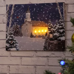   Tablou decorativ de perete cu LED-uri – peisaj de iarnă – 2 baterii AA, 48 x 38 cm