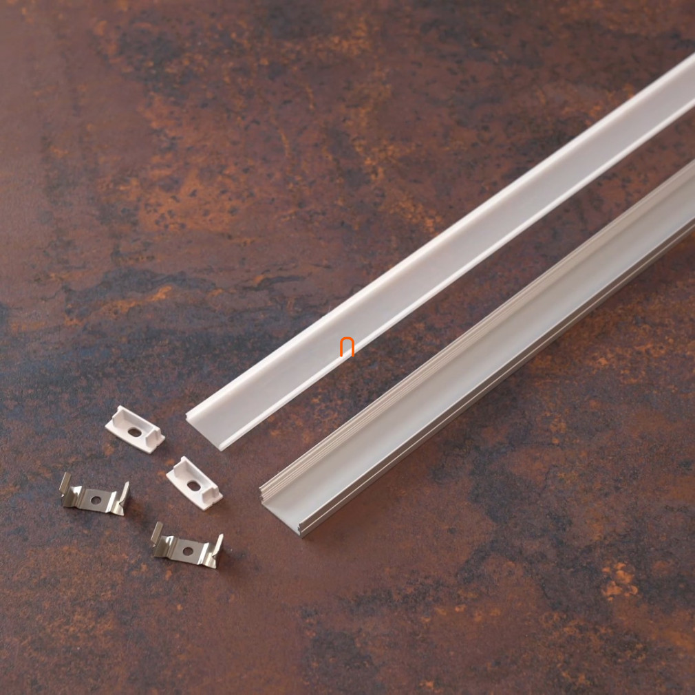 Set de șine din aluminiu pentru benzi LED, șină laterală pentru benzi de 20 mm, 2 m + capac opac + 4 elemente de fixare + 2 elemente de închidere DEL1488