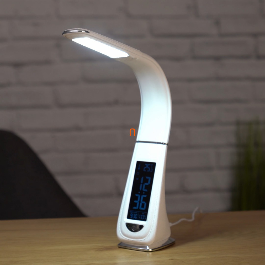 Lampa de birou cu LED, intensitate luminoasă reglabilă, afișaj pentru dată, oră și temperatură, mod alarmă, 4 W, 370 lm, 5000 K, efect piele albă, cu adaptor de rețea - deLux DEL1683, efect piele, cu adaptor de rețea, 370 lm, 4 W