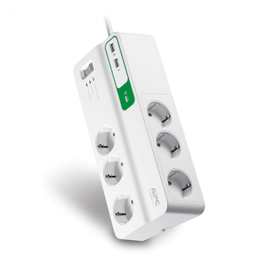 Distribuitor de rețea Schneider cu 6 prize, cablu de 2,0 m, dispozitiv de protecție la supratensiune, comutator, 2 porturi 2,4 A, încărcător USB, alb PM6U-GR APC
