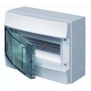   Distribuitor de mici dimensiuni, montat pe perete, cu un singur rând, 12 module, cu ușă transparentă, IP65, cu șină PE/N, ABB Mistral65 1SLM006501A1202