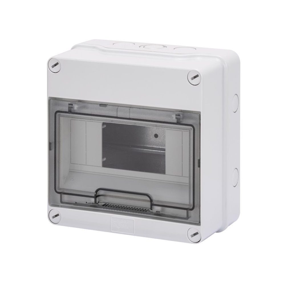 Distribuitor Gewiss pentru montare pe perete, 1 rând, 8 module, cu ușă transparentă, IP55, fără șină, 1000 V CC, rezistent la radiații UV GW40003