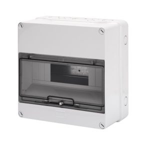   Cutie de distribuție mică Gewiss, montată pe perete exterior, ușă transparentă 1/12, IP55, fără șină, 1000 V CC, rezistentă la raze UV GW40005