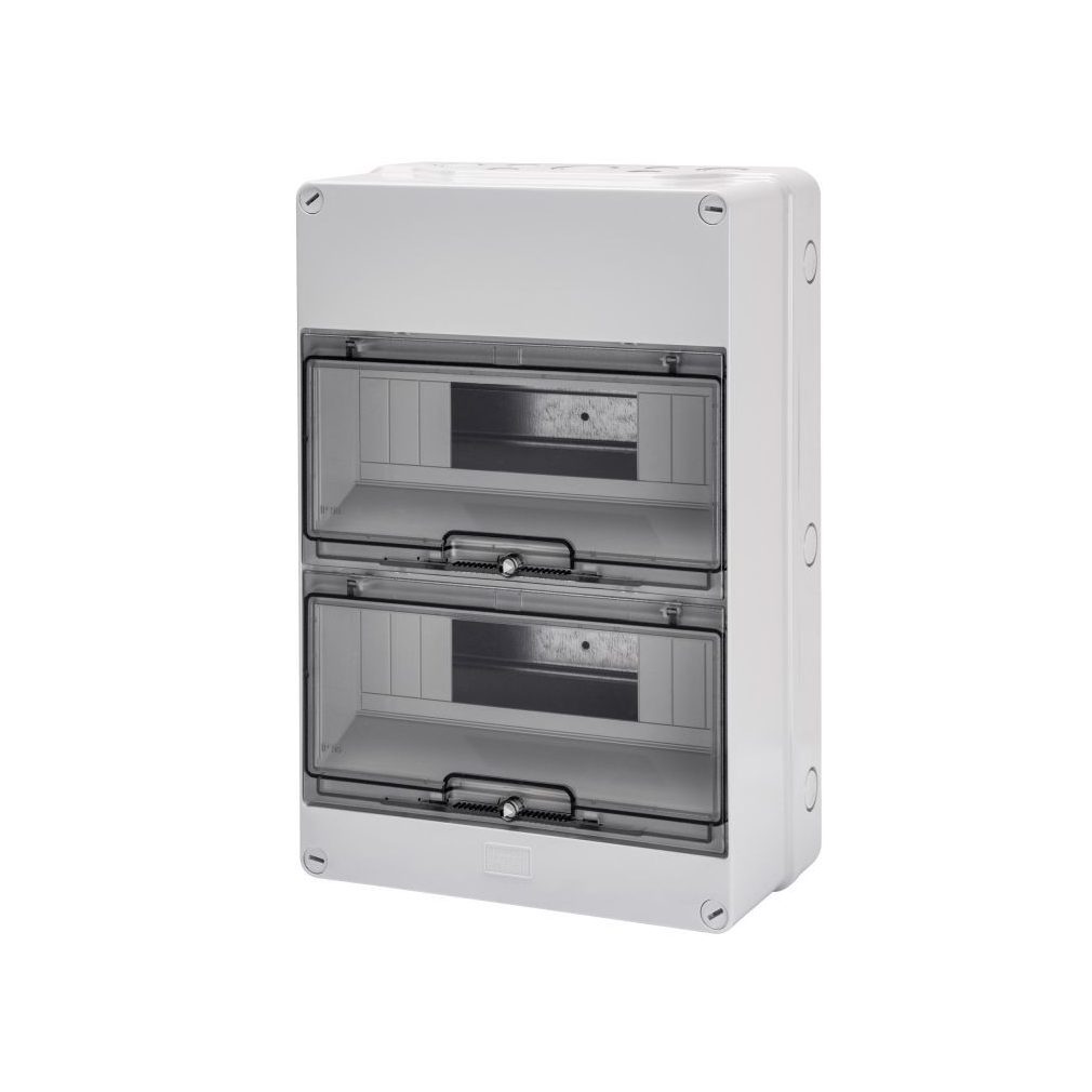 Distribuitor Gewiss pentru montare pe perete, cu 2 rânduri, 24 module, cu ușă transparentă, IP55, fără șină, 1000 V CC, rezistent la radiații UV GW40007