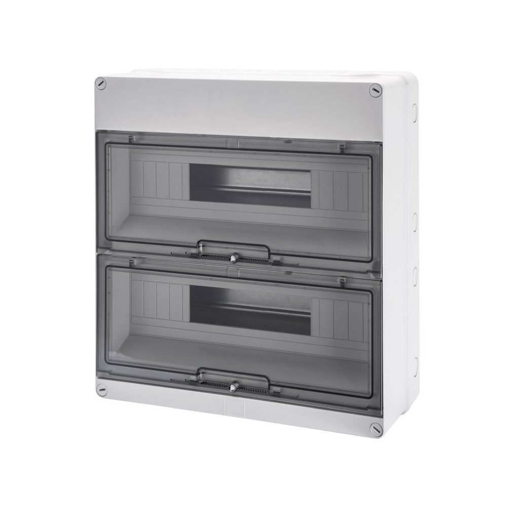 Gewiss distribuitor electric exterior cu 2 rânduri, 36 module cu ușă transparentă IP55 fără șină, 1000V DC, rezistent la UV GW40009