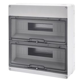   Cutie de distribuție mică Gewiss, 2 rânduri, 36 module, ușă transparentă, IP55 fără șină, 1000 V CC, rezistentă la raze UV GW40009