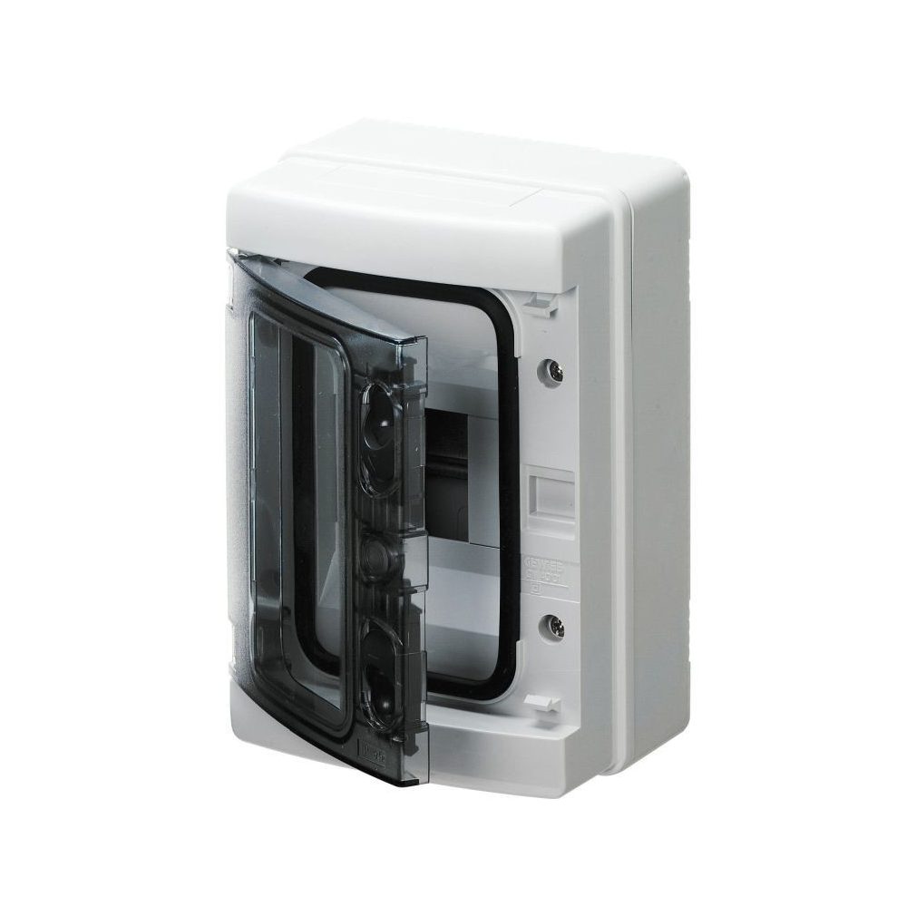 Distribuitor Gewiss pentru montare pe perete, 1 rând, 4 module, cu ușă transparentă, IP65, fără șină, 1000 V CC, rezistent la radiații UV GW40101