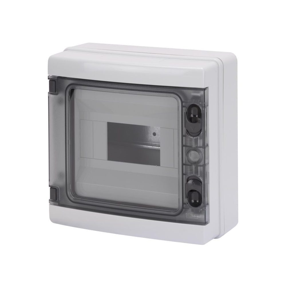 Distribuitor Gewiss pentru montare pe perete, 1 rând, 8 module, cu ușă transparentă, IP65, fără șină, 1000 V CC, rezistent la raze UV GW40102