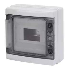   Distribuitor Gewiss de perete, cu un singur rând, 8 module, cu ușă transparentă, IP65, fără șină, 1000 V c.c., rezistent la raze UV GW40102