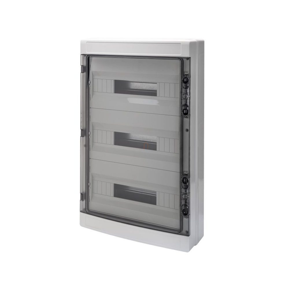 Distribuitor extern cu 3 rânduri, 54 module, ușă transparentă, fără șină IP65, 1000 V CC, rezistent la UV GW40108