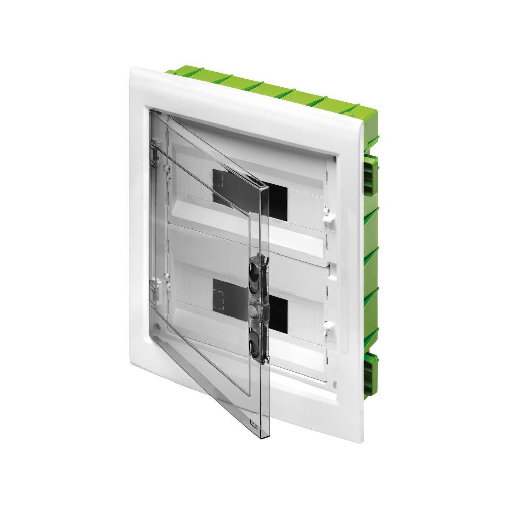 Distribuitor Gewiss pentru gips-carton, 2 rânduri, 24 module, cu ușă transparentă, IP40, fără șină GW40606PM