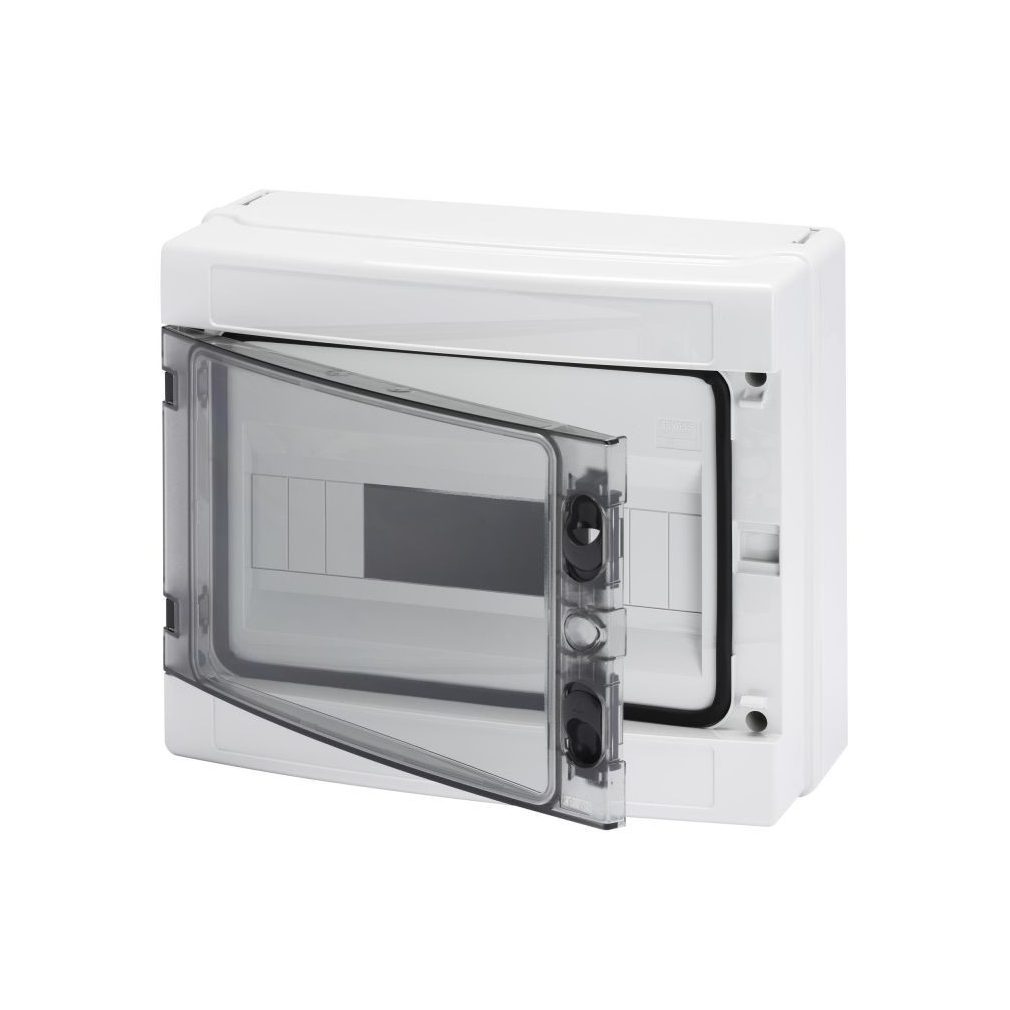 Distribuitor Gewiss pentru montare pe perete, 1 rând, 12 module, cu ușă transparentă, IP65, șină PE/N, 1000 V CC, rezistent la raze UV GW40103BS