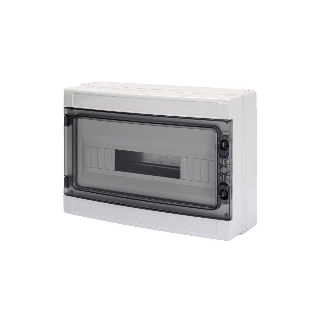 Distribuitor Gewiss pentru montare pe perete, 1/18, cu ușă transparentă, IP65, șină PE/N, 1000 V CC, rezistent la raze UV GW40106BS