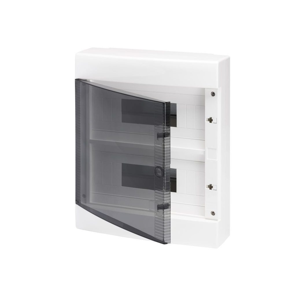 Distribuitor Gewiss pentru montare pe perete, cu 2 rânduri, 24 module, cu ușă transparentă IP40 PE/N cu șină dublă GW40047BD