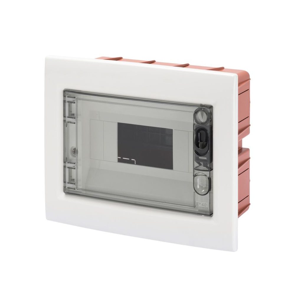 Distribuitor Gewiss încastrat cu 1 rând, 8 module, ușă transparentă, IP40, șină PE/N GW40604BS