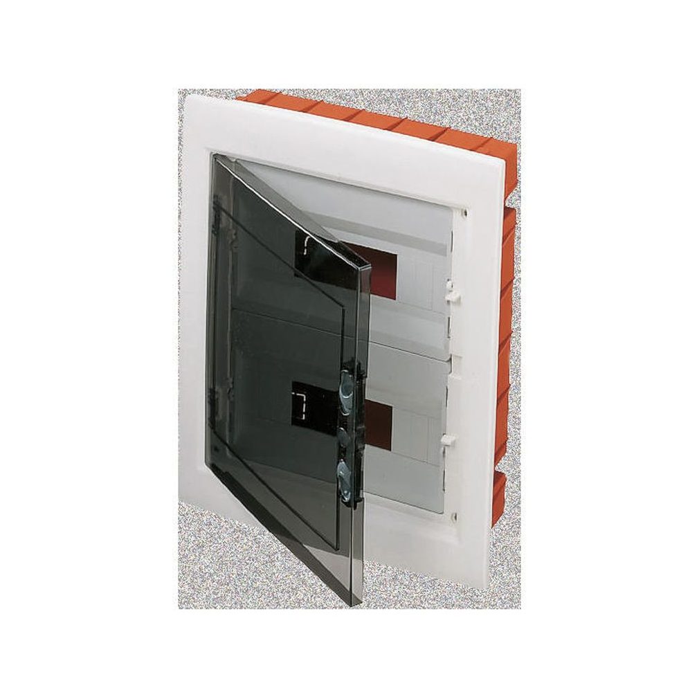 Distribuitor Gewiss încastrat cu 2 rânduri, 24 module, cu ușă transparentă, IP40, cu șină PE/N GW40606BS