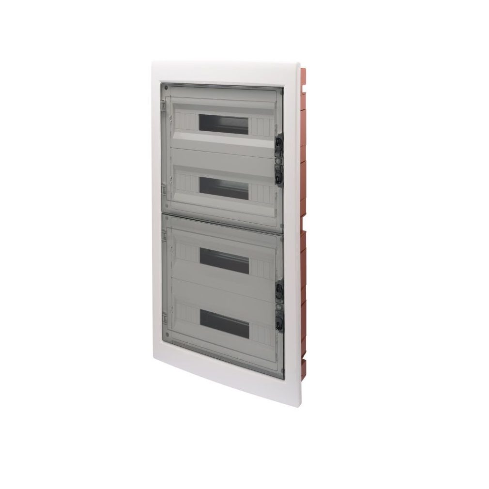 Distribuitor Gewiss încastrat cu 4 rânduri, 72 module, ușă transparentă IP40 PE/N cu șină dublă GW40611BD