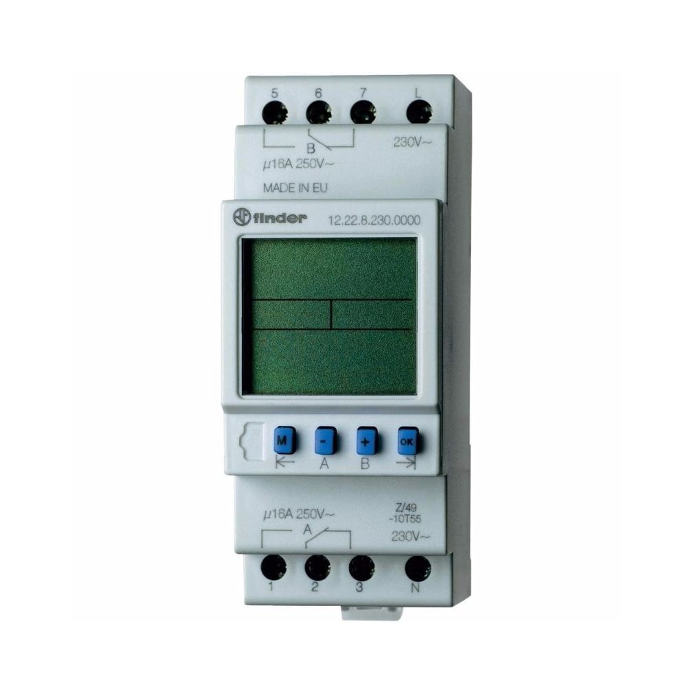 Finder Comutator cu temporizator pentru șină digital zilnic și săptămânal 2CO (comutator) 230V 12.22.8.230.0000