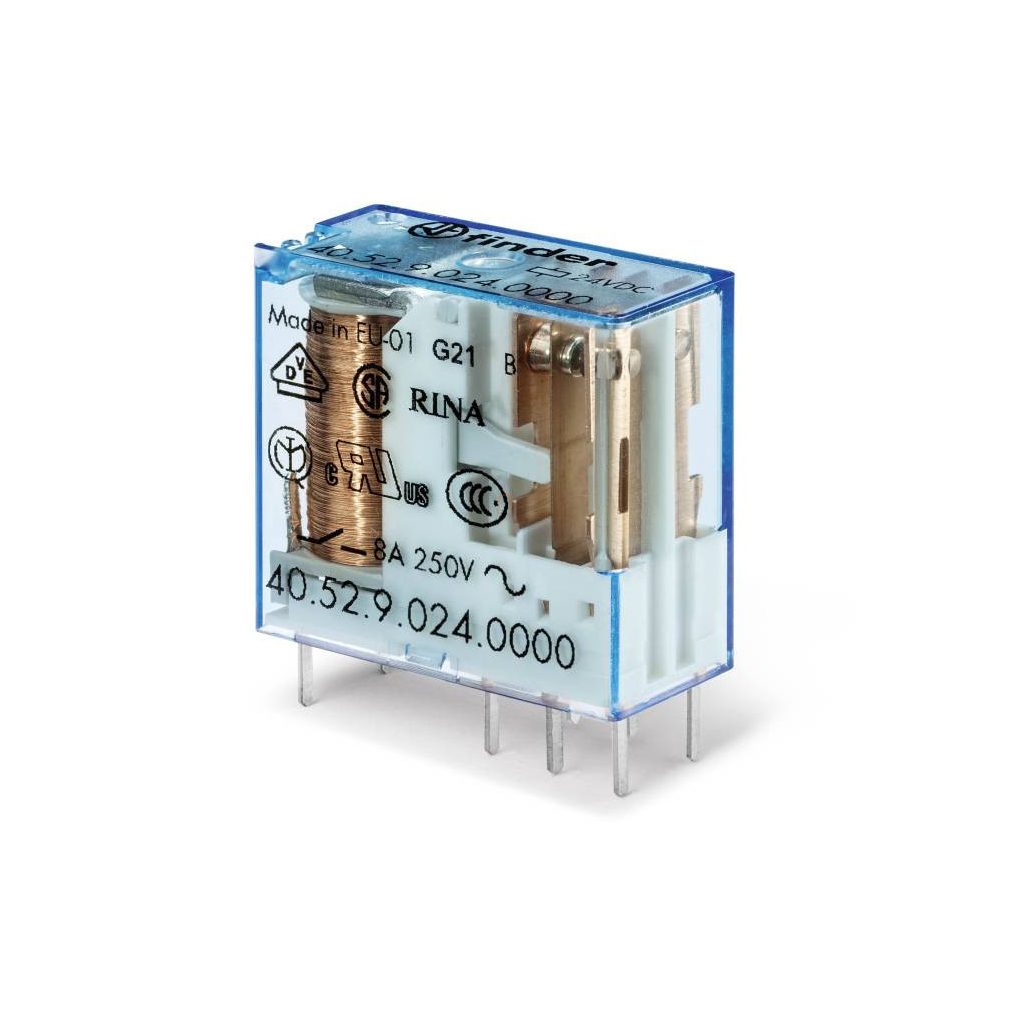FINDER 40.52.9.024 releu 2CO (comutator) 8A 24V DC, distanță între picioare 5 mm pentru montare pe PCB sau în soclu