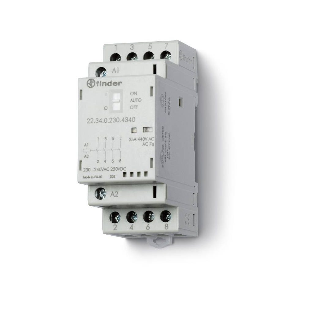 Magnet de instalare Finder, contactor, 25 A (AC-7a), 4NO, 230 V AC/DC, comutator On-Auto-Off + indicator mecanic de stare + LED 22.34.0.230.4340