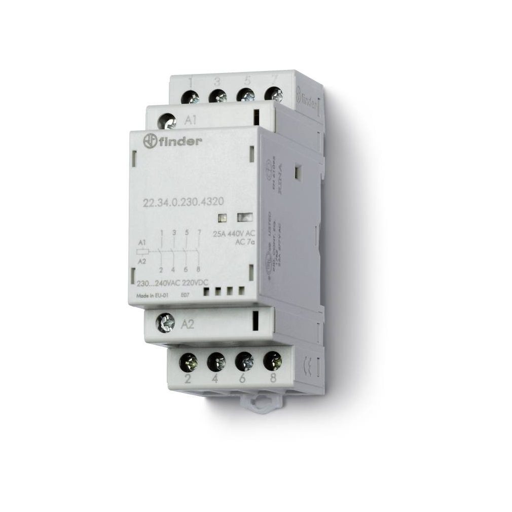 Întrerupător electromagnetic de instalare Finder, contactor, 25A (AC-7a), 4NO, 230V AC/DC, indicație de stare mecanică + LED 22.34.0.230.4320