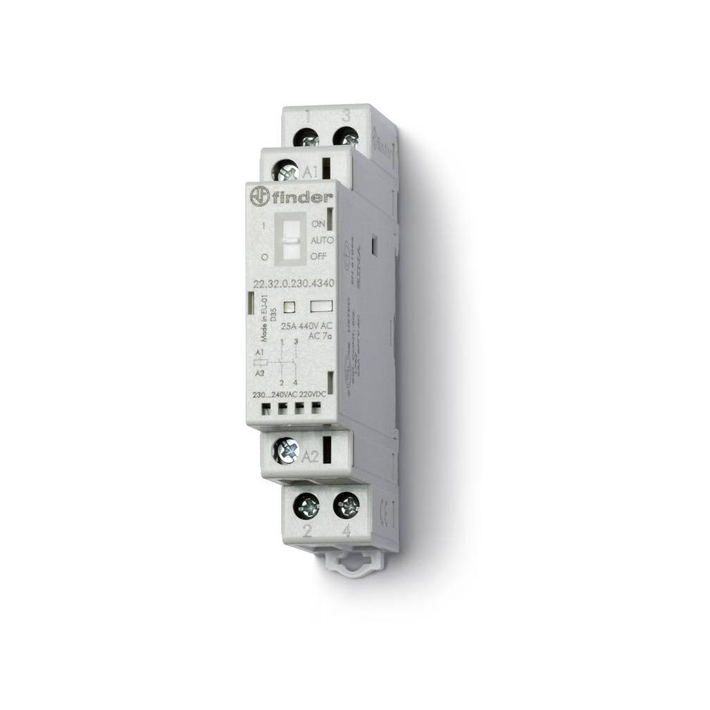 Întrerupător electromagnetic de instalare Finder, contactor, 25A (AC-7a), 2NO, 230V AC/DC, comutator On-Auto-Off + indicație mecanică de stare + LED 22.32.0.230.4340