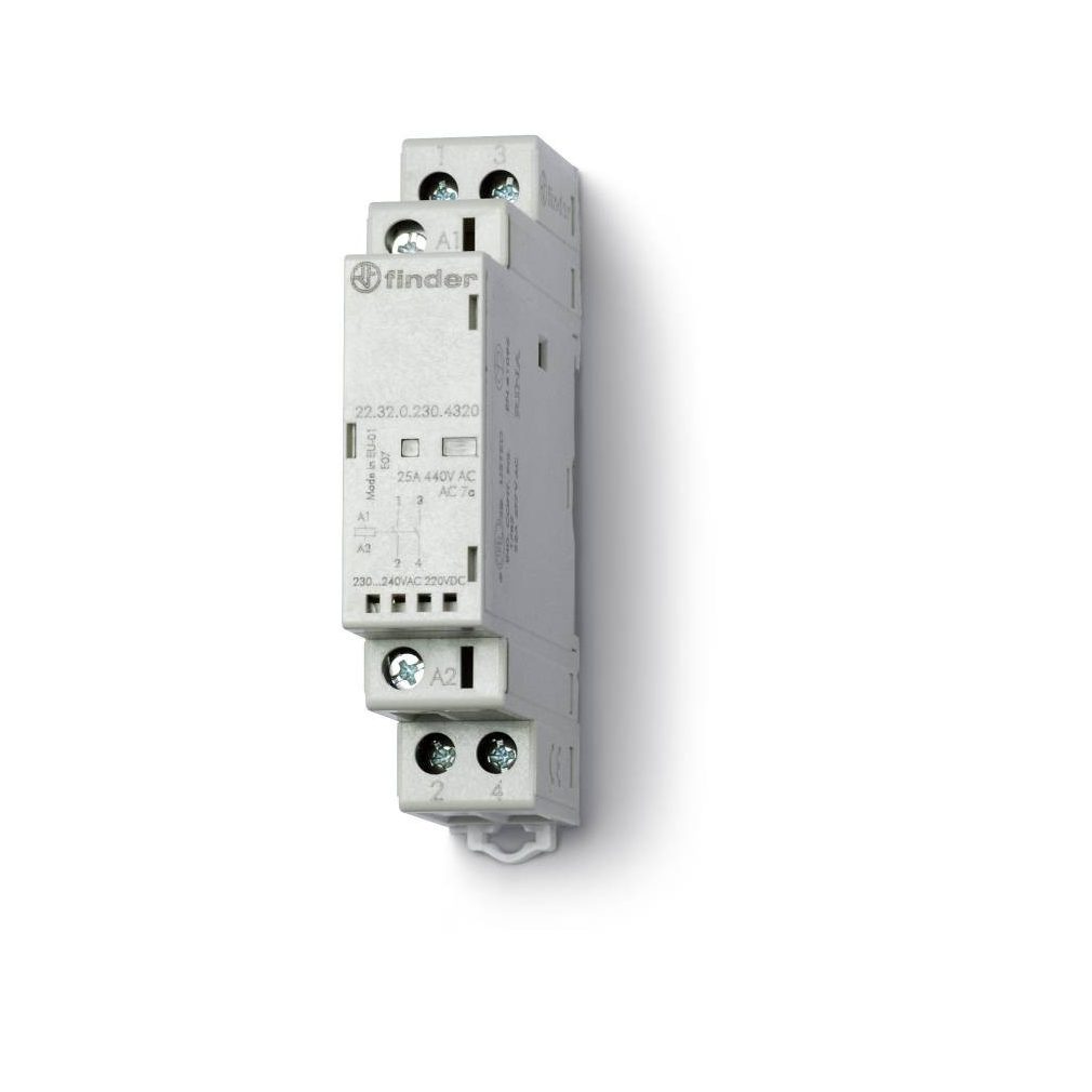 Magnet de instalare Finder, contactor, 25 A (AC-7a), 2NO, 230 V AC/DC, indicator mecanic de stare + LED 22.32.0.230.4320