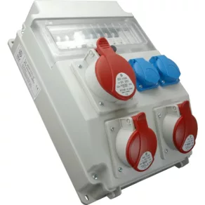   Set industrial compus din 2 prize de uz casnic + 2 prize de 16 A cu 5 poli + 1 priză de 32 A cu 5 poli și protecție (echipată cu mini-întrerupătoare și dispozitiv RCD) ROS 11/FI-15 /S (202013) SEZ
