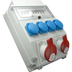   Combinație industrială de 4 prize de uz casnic + 1 x 16A 5P + 1 x 32A 5P cu protecție (echipată cu întrerupătoare miniaturale + releu FI) ROS 11/FI-21 /S (202035) SEZ