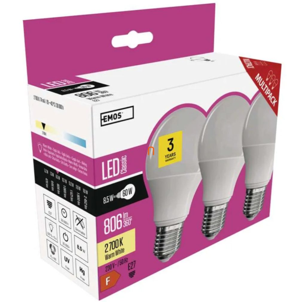 LED E27 Classic A60 8,5 W (60 W) 806 lm alb cald, 3 bucăți