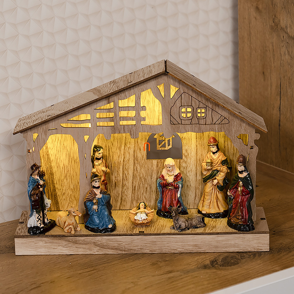 LED nativitate de Crăciun, lemn, 19 cm, 3x AA, pentru interior, alb cald, temporizator
