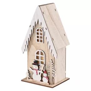   Decorațiune LED, din lemn – căsuță cu oameni de zăpadă, 28,5 cm, 2 baterii AA, pentru interior, alb cald, cu temporizator