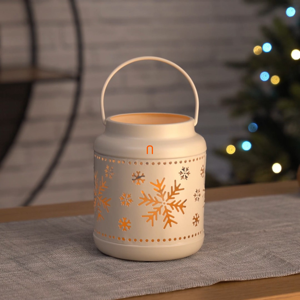 Decorație LED – lampă cu fulgi de zăpadă, metal, alb, 14 cm, 3x AAA, pentru interior, vintage