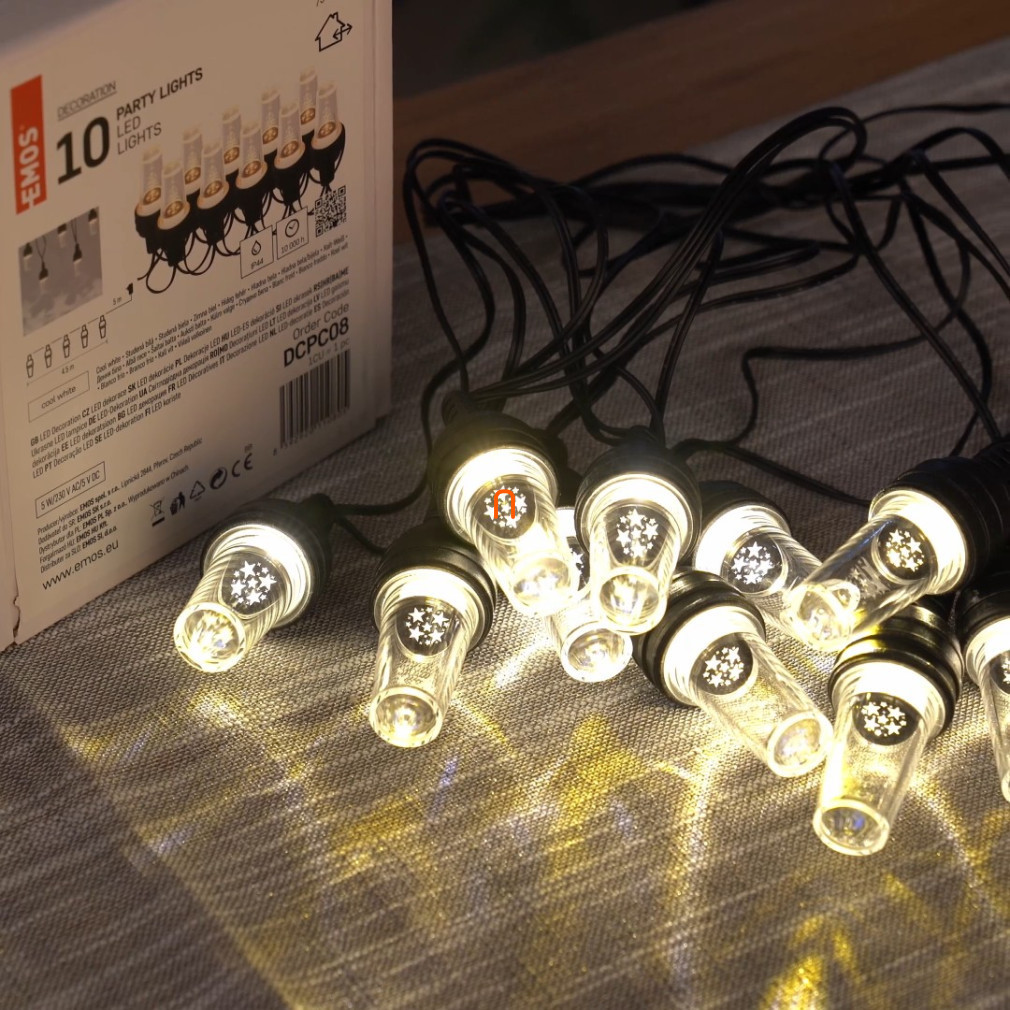 Ghirlanda luminoasă LED – 10x becuri transparente, 4,5 m, pentru exterior și interior, alb rece - EMOS DCPC08